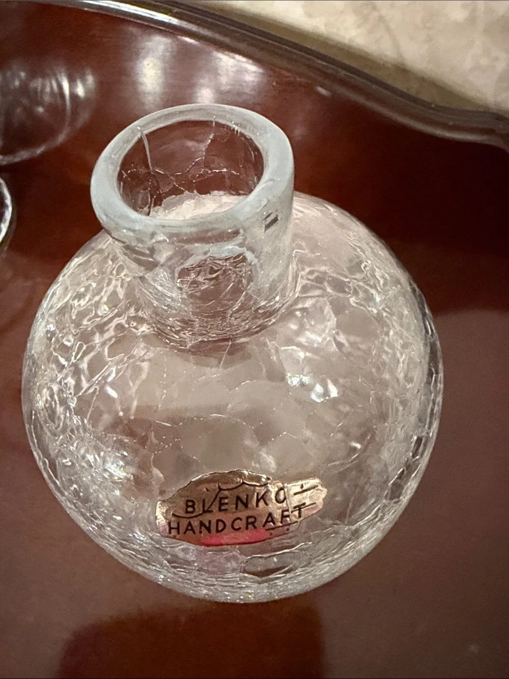 Vintage Blenko #6424 Clear Crackle Glass Candle Vase Joel Myers Foil Label
